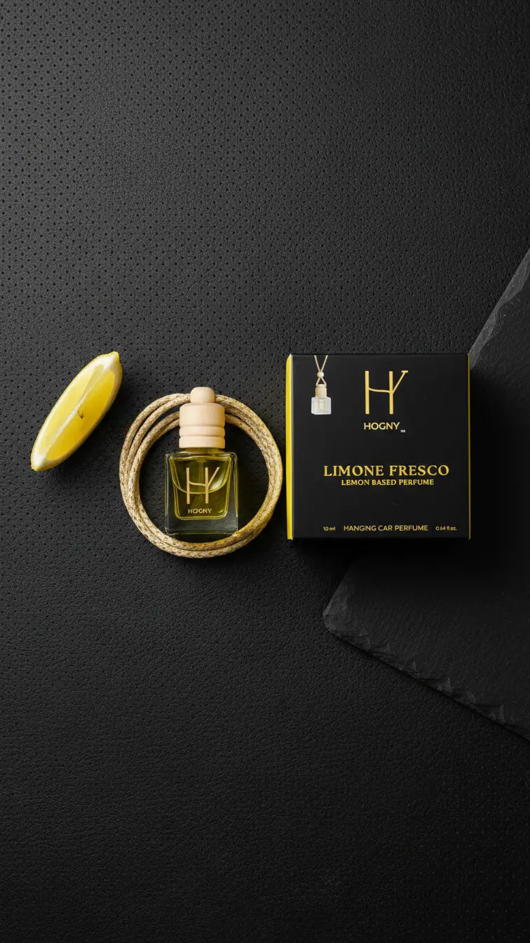 Premium lemon hanging car perfume bottle with elegant black packaging