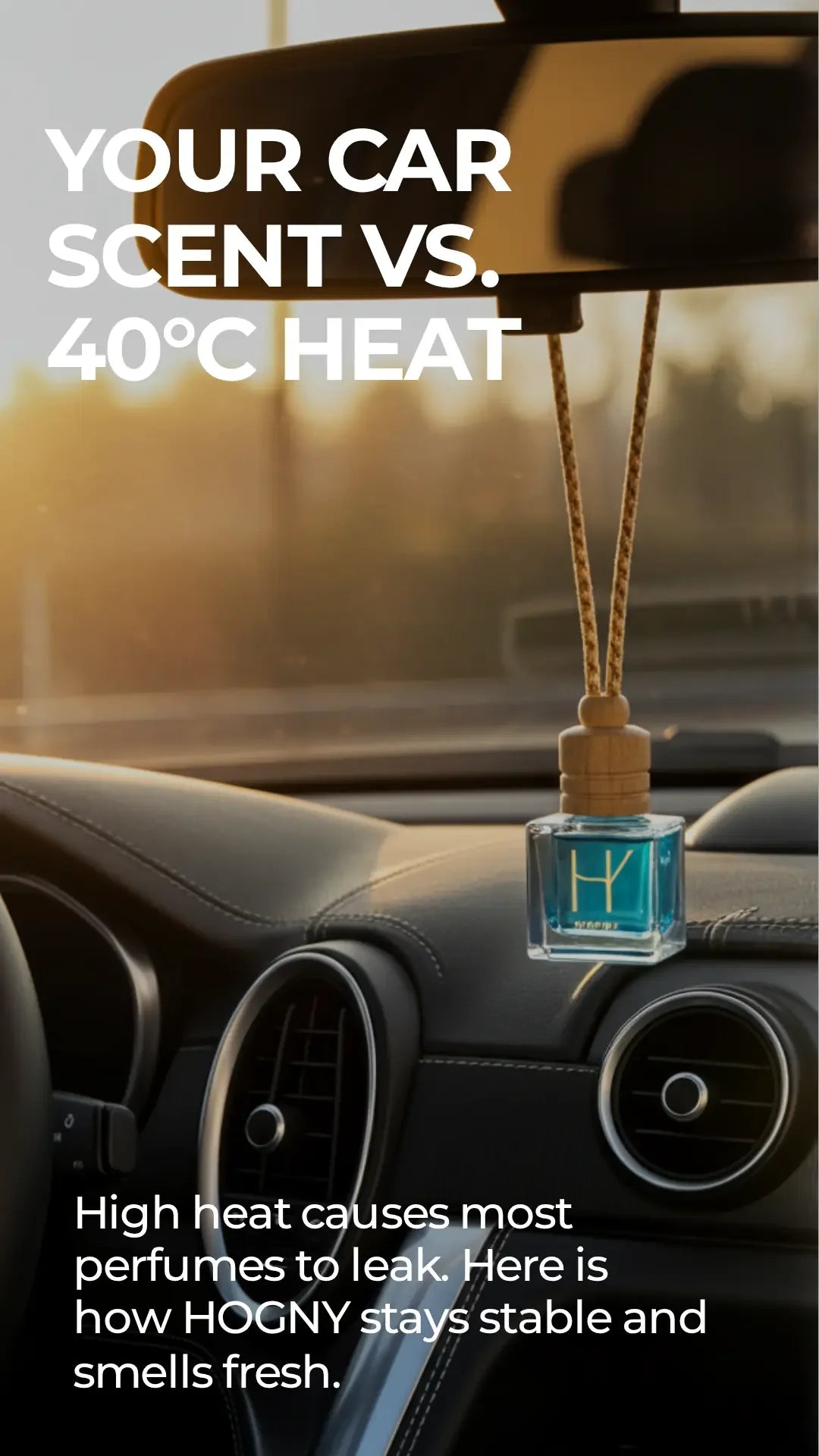 Ceilo Blue Breeze car perfume diffuser hanging inside car, designed to stay stable in high heat