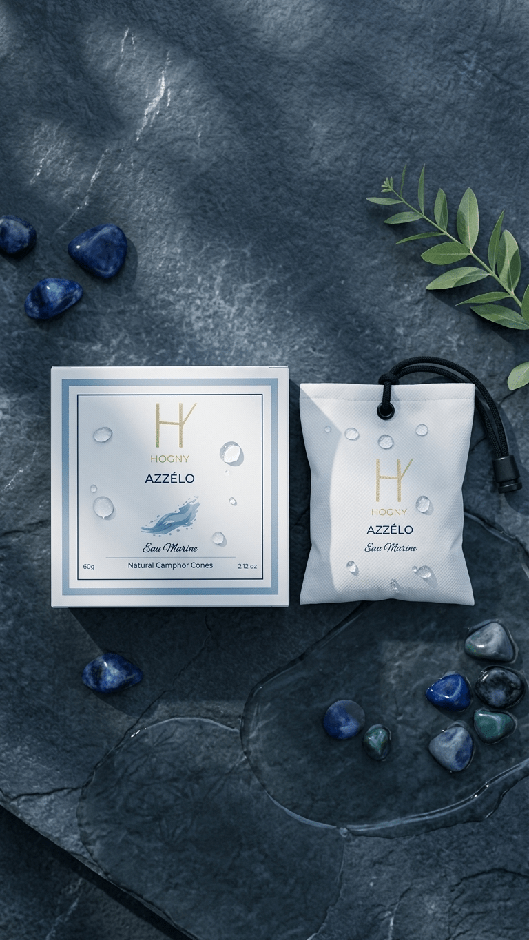Car perfume sachet containing aqua fragrance oil and camphor to be use in car as car air freshener with box packaging indicating the name azzelo made by hogny