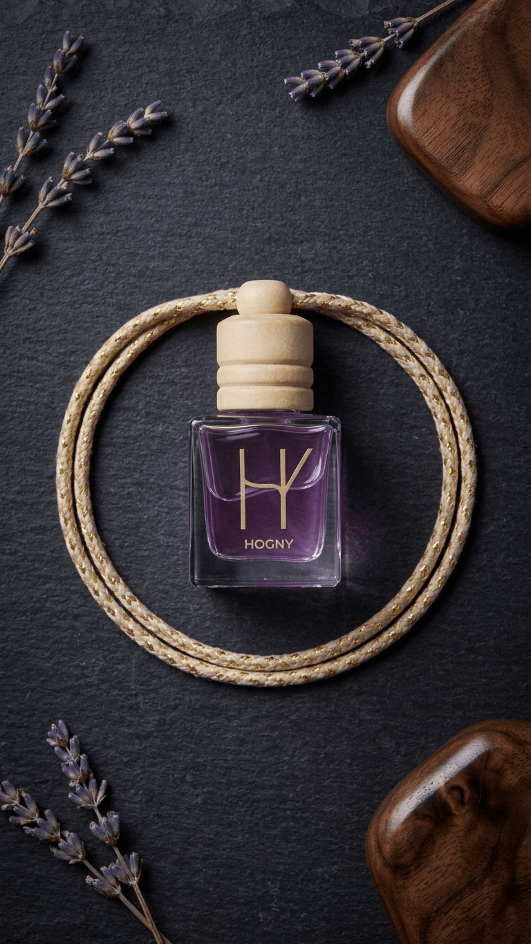 Purple perfume bottle indicating lavender perfume with wooden cap on a dark surface with lavender and wood elements for car.