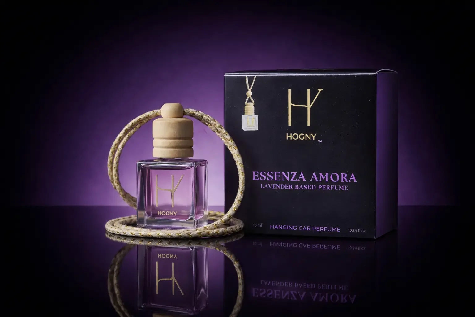Essenza Amora lavender hanging car perfume diffuser with glass bottle and jute rope