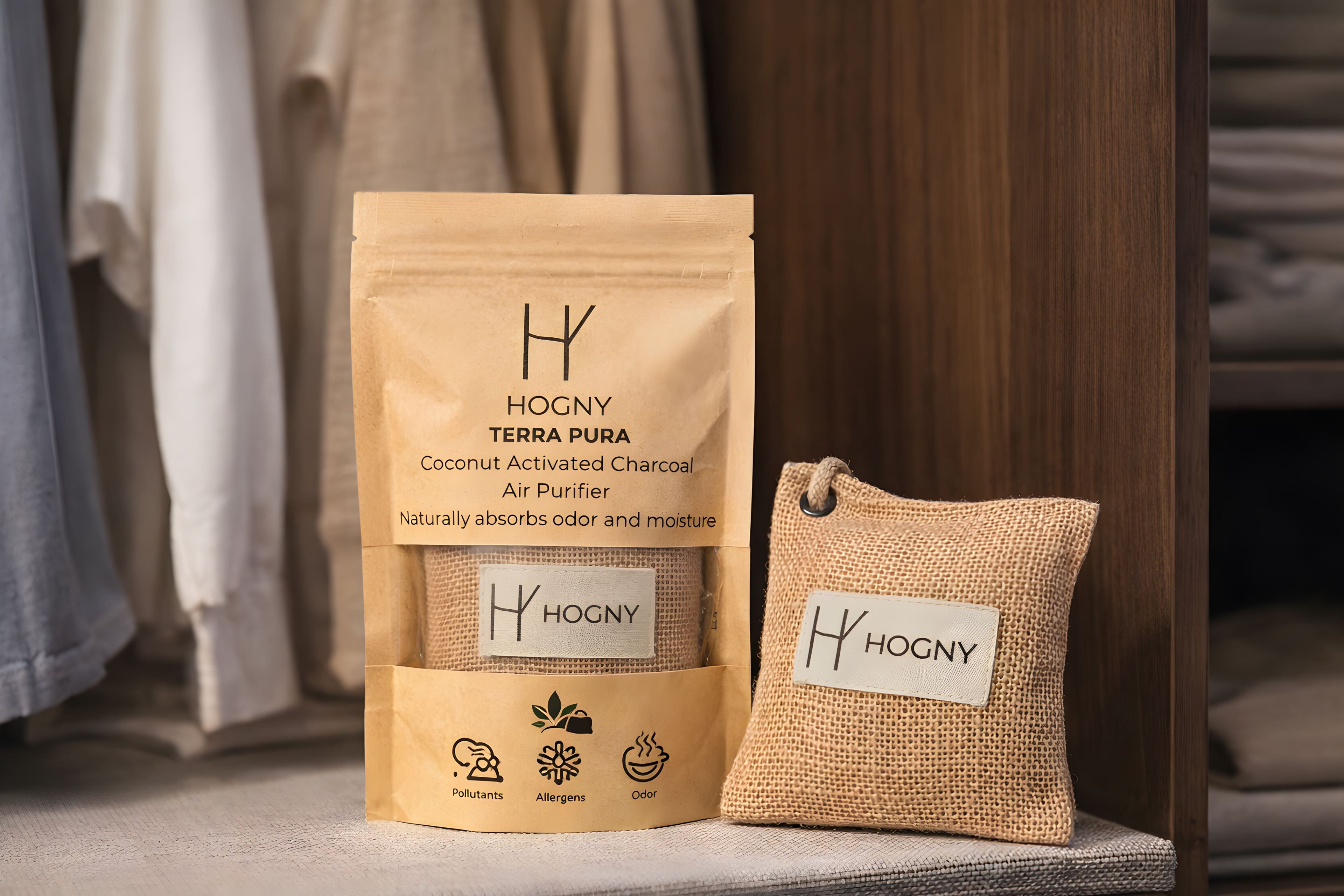 Hogny Terra Pura coconut activated charcoal air purifier packaging for natural odor removal