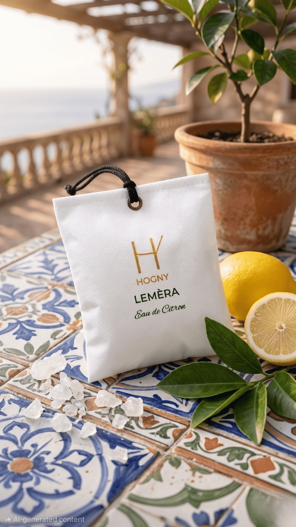 White pouch with 'Hogny Lemera' branding on a colorful tile surface with lemons and a plant, indicating lemon and camphor carperfume.
