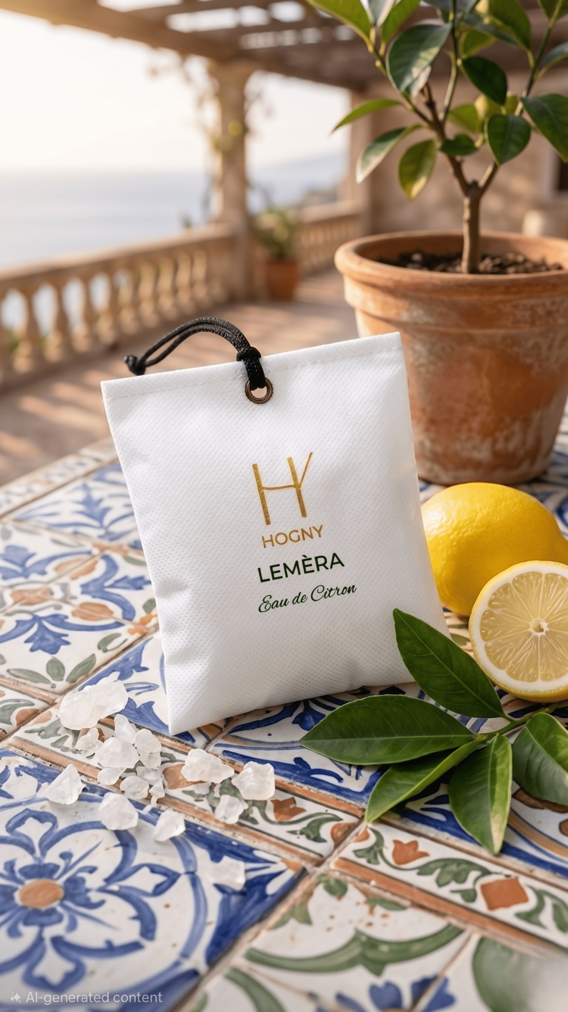 White pouch with 'Hogny Lemera' branding on a colorful tile surface with lemons and a plant, indicating lemon and camphor carperfume.