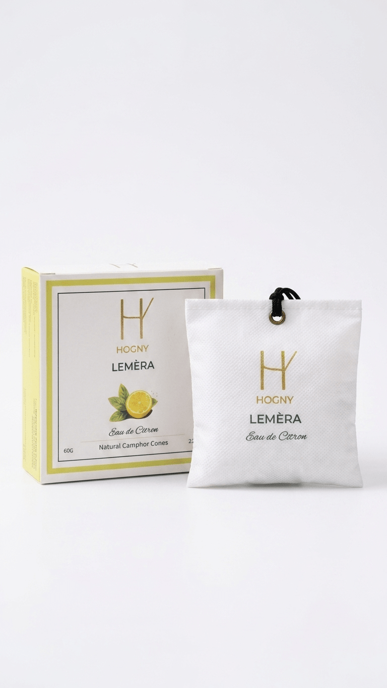 Hogny Lemon based camphor car perfume with white background.