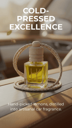 Artisanal car fragrance bottle with wooden cap on a coaster, text 'Cold-Pressed Excellence' and description.