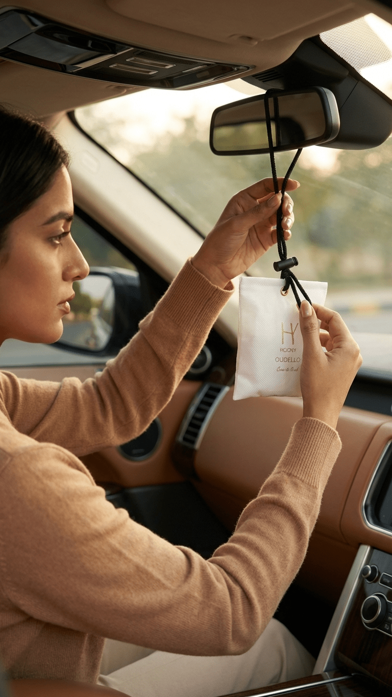 Woman hanging a oud camphor bag from the car's rearview mirror inside a vehicle