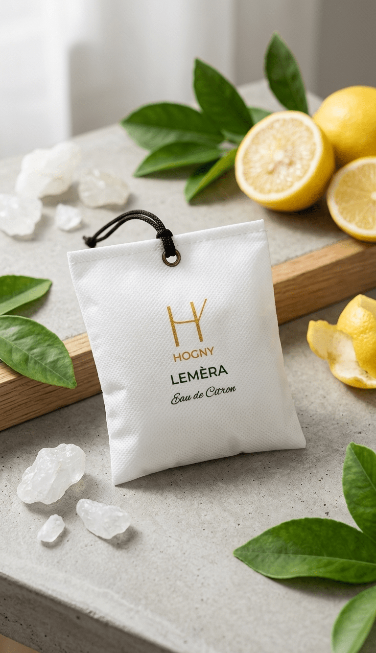 White bag labeled 'Hogny Leméra' with lemons and leaves on a stone surface is a lemon camphor car fragrance having strong essence.