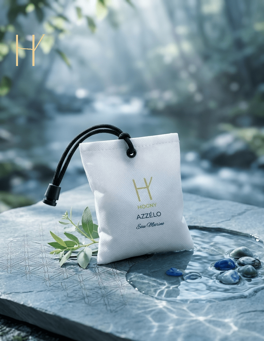 Azzelo aqua based camphor car fragrance in White pouch with black strap on a stone surface with water and greenery in the background depecting aquatic notes 