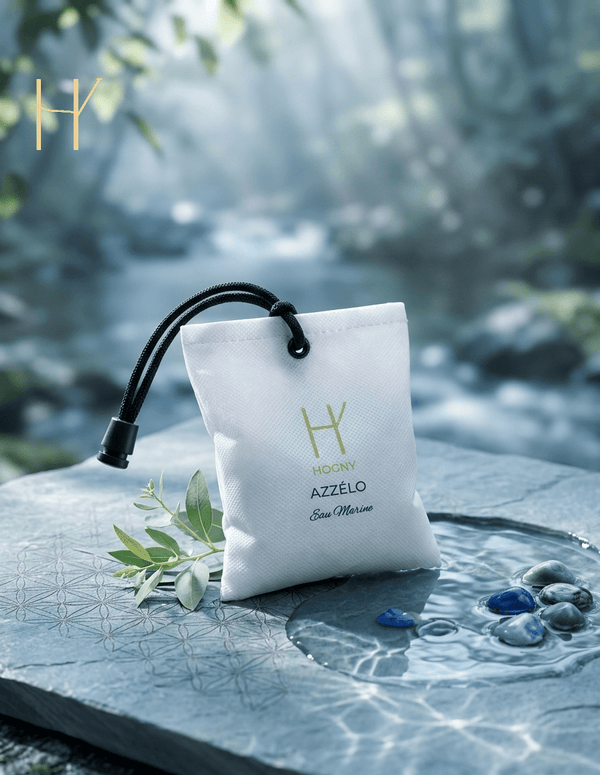 Azzelo aqua based camphor car fragrance in White pouch with black strap on a stone surface with water and greenery in the background depecting aquatic notes 