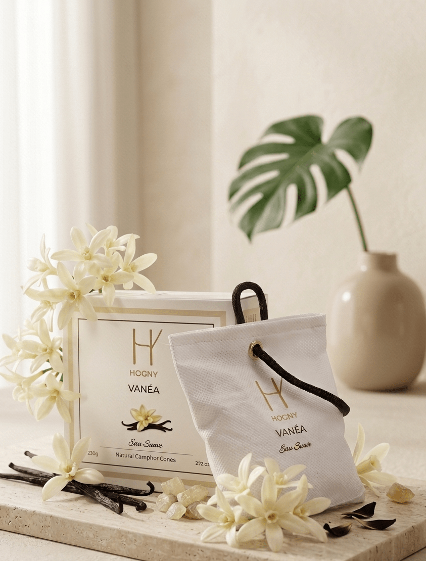 Vanilla beans, flowers, and a product packaging on a wooden tray with a neutral background
Vanilla camphor car perfume 
