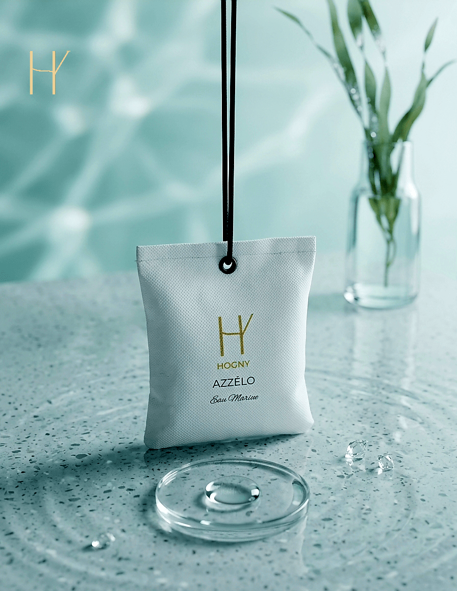 Aqua based perfume in White pouch with gold logo on a textured surface with a blurred background having strong essence with the help of camphor.