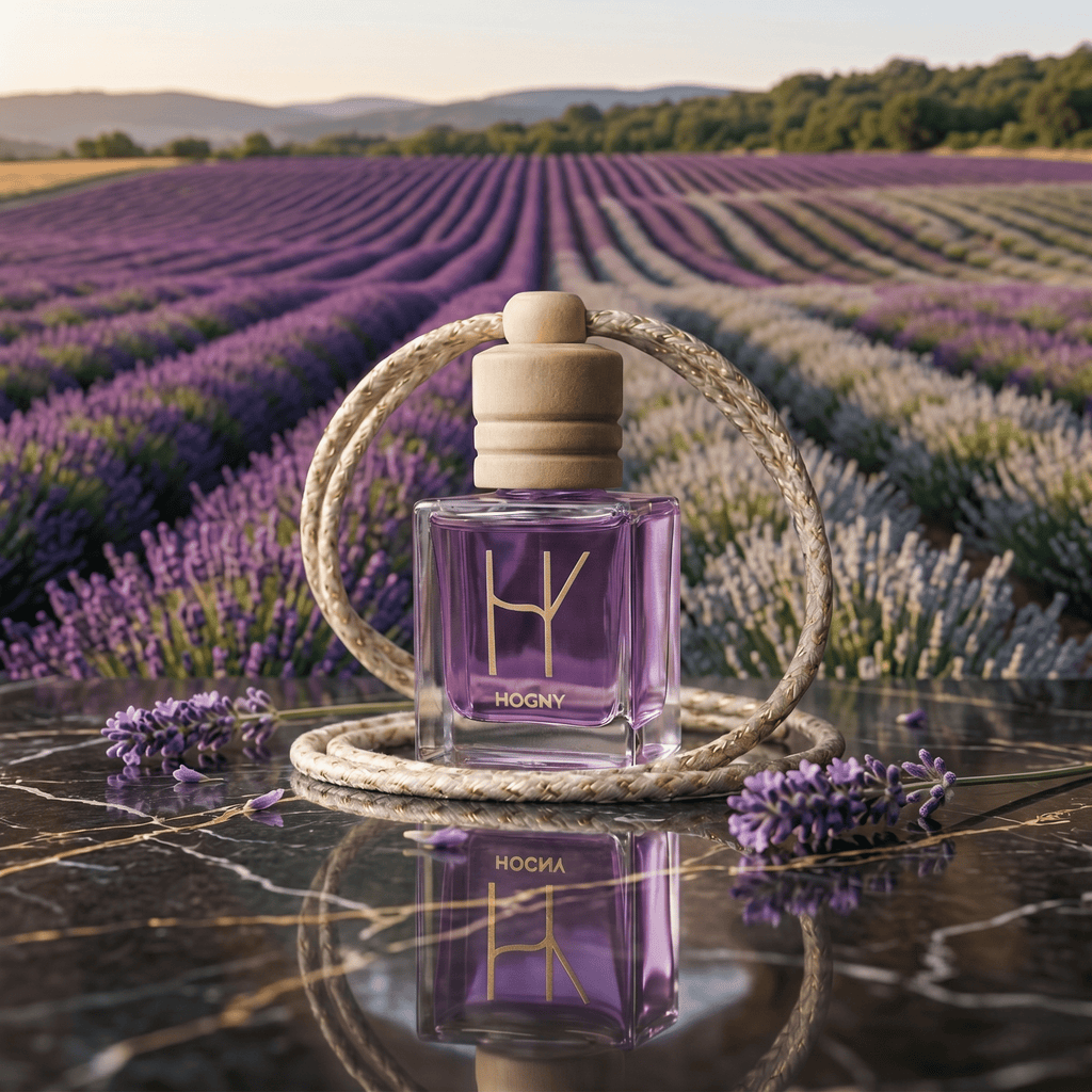 Hogny Essenza Amora lavender based car perfume with the lavender field.