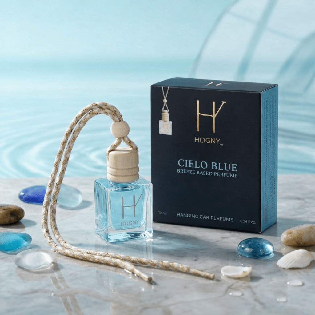 Hogny Cielo Blue hanging car perfume with packaging on a water-themed background