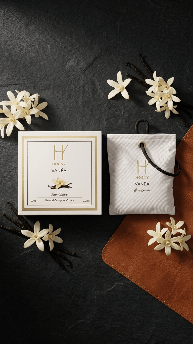 Vanea Vanilla camphor car perfume with vanilla flowers indicating the natural essence of the car air freshener which will reomove the odor as per the Hogny promise.