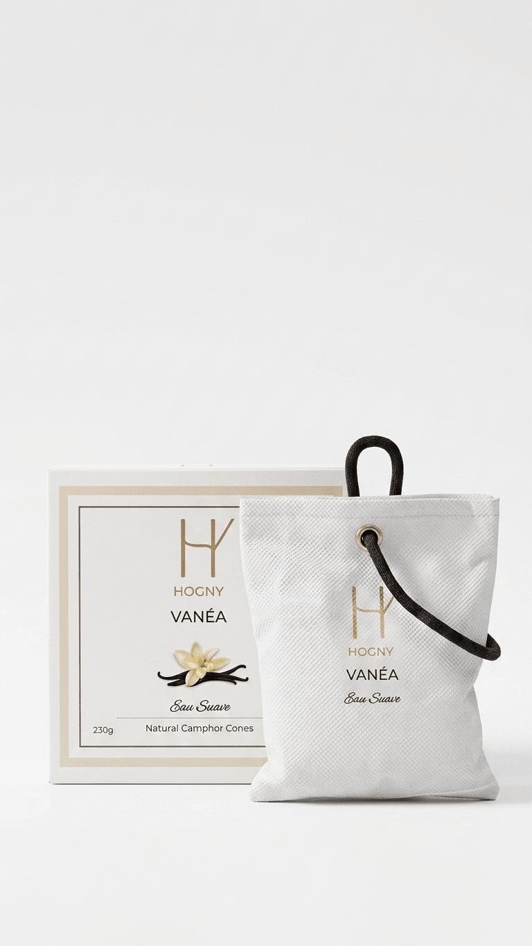 Vanilla based camphor car perfume made by hogny known as vanea in white background with minimal, elegant and luxury design.