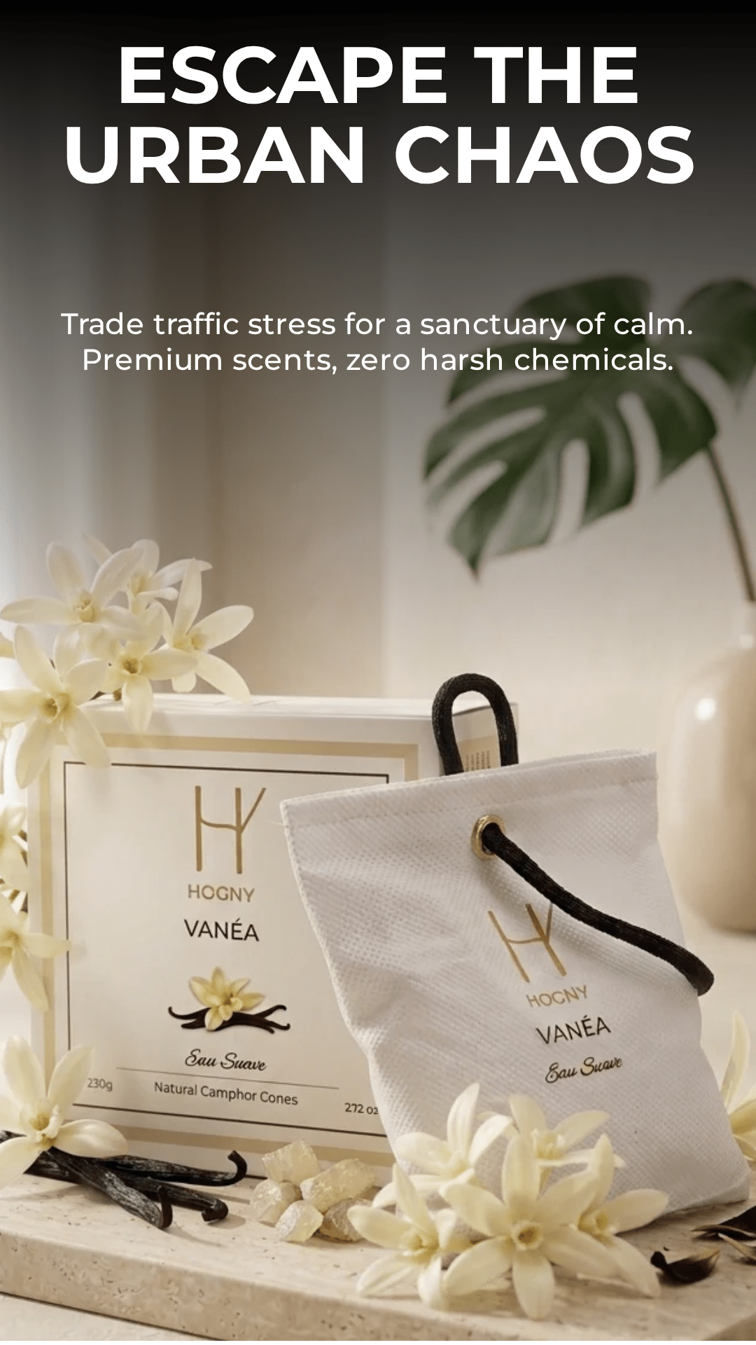 Escape the chaos by using natural camphor vanilla based car perfume vanea and removing the unpleasant odor.
